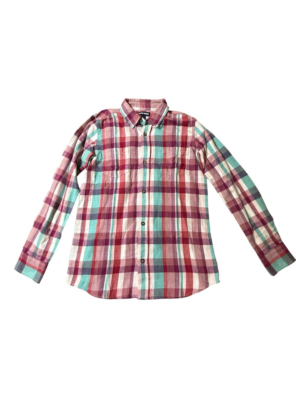 Lands' End Flannel Boyfriend Fit Long Sleeve Shirt Women's 1X Red Plaid Button